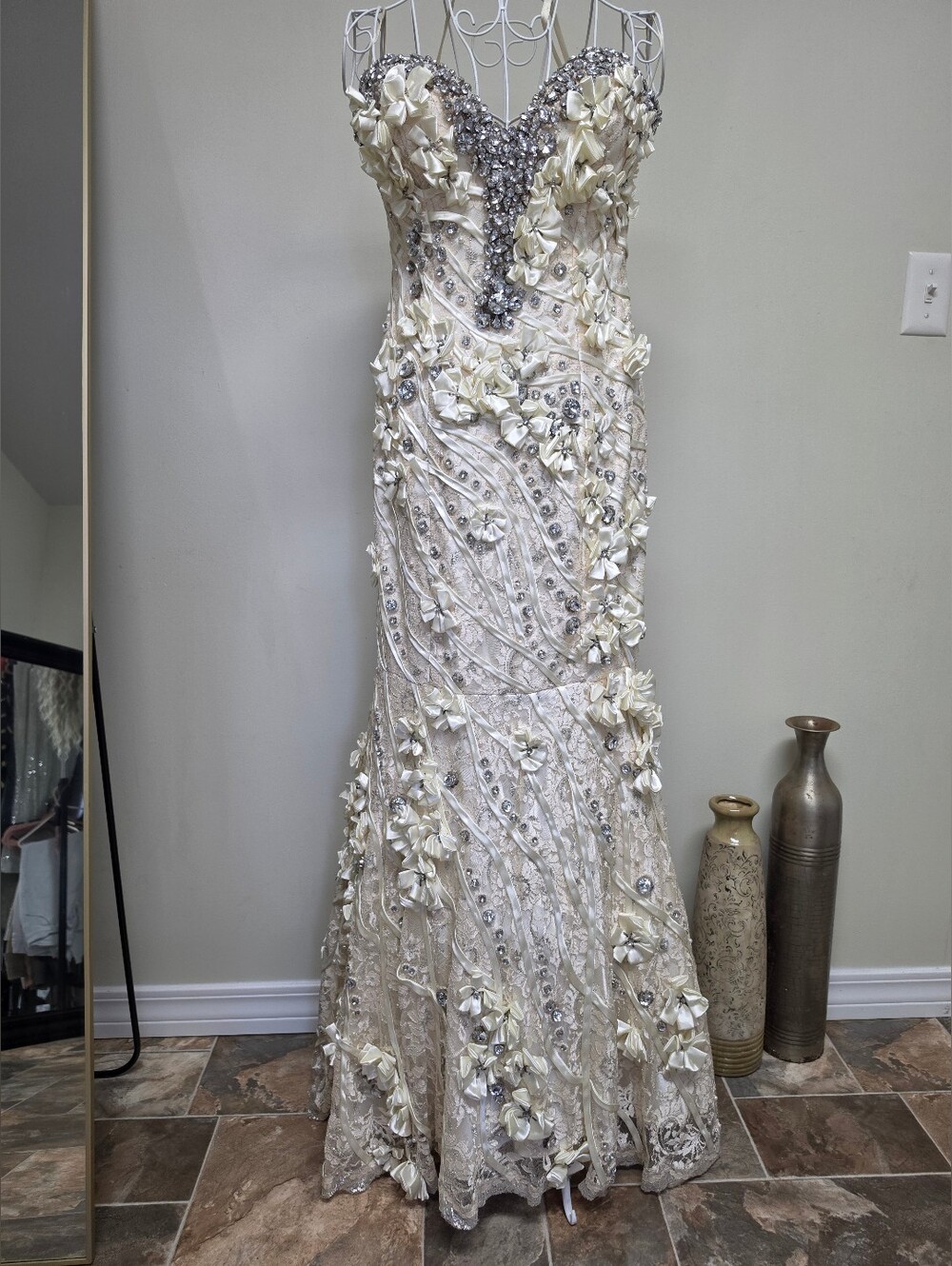 Elegant OOAK Couture Ivory Floral Appliqué Gown with Crystal Accents - Picture 2 of 12